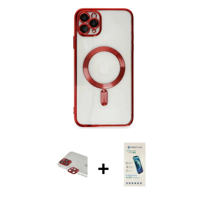 MARSİLYAN™- iPhone 11 Pro Max Kılıf Nova Işık Özel Seri - Şeffaf Pasifik Cam Ekran Koruyucu + Kırmızı Pers Alüminyum Kamera Lens