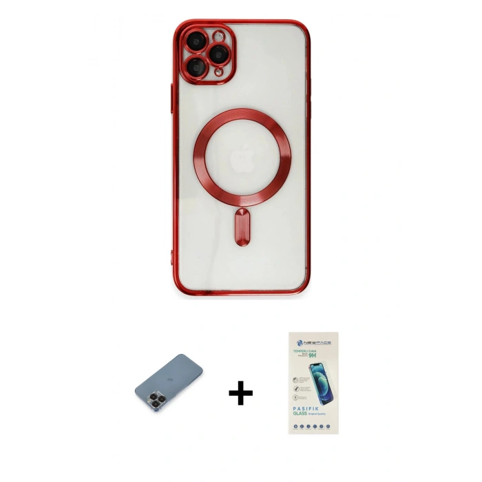MARSİLYAN™- iPhone 11 Pro Max Kılıf Nova Işık Özel Seri - Şeffaf Pasifik Cam Ekran Koruyucu + Siyah Metal Kamera Lens Koruma Cam