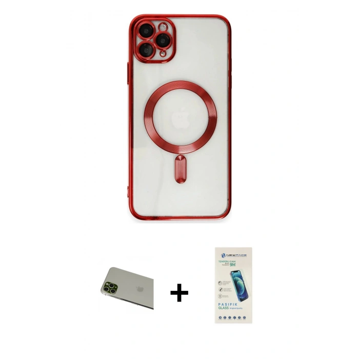 MARSİLYAN™- iPhone 11 Pro Max Kılıf Nova Işık Özel Seri - Şeffaf Pasifik Cam Ekran Koruyucu + Yeşil Rainbow Kamera Lens Koruma Cam
