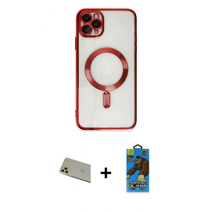 MARSİLYAN™- iPhone 11 Pro Max Kılıf Nova Işık Özel Seri - Siyah 18D Cam Ekran Koruyucu + Gold Rainbow Kamera Lens Koruma Cam