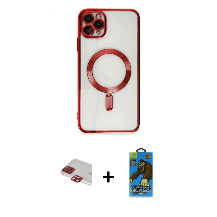 MARSİLYAN™- iPhone 11 Pro Max Kılıf Nova Işık Özel Seri - Siyah 18D Cam Ekran Koruyucu + Kırmızı Pers Alüminyum Kamera Lens