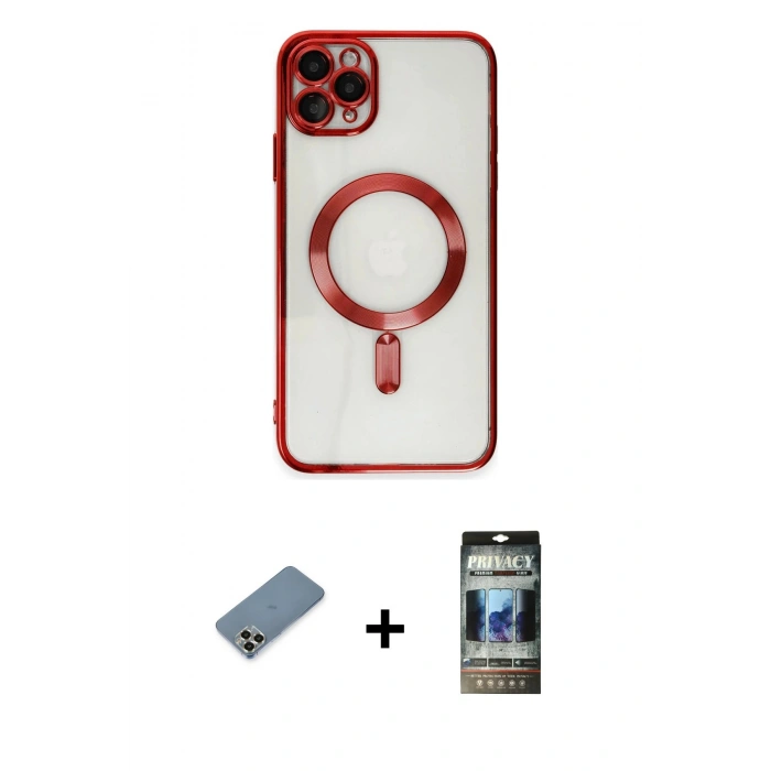 MARSİLYAN™- iPhone 11 Pro Max Kılıf Nova Işık Özel Seri - Siyah 34D Hayalet Izgaralı Cam + Metal Kamera Lens Koruma Cam - GD