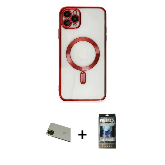 MARSİLYAN™- iPhone 11 Pro Max Kılıf Nova Işık Özel Seri - Siyah 34D Hayalet Izgaralı Cam + Rainbow Kamera Lens Koruma Cam - YL