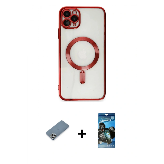 MARSİLYAN™- iPhone 11 Pro Max Kılıf Nova Işık Özel Seri - Siyah 34D Izgaralı Cam + Metal Kamera Lens Koruma Cam - GS