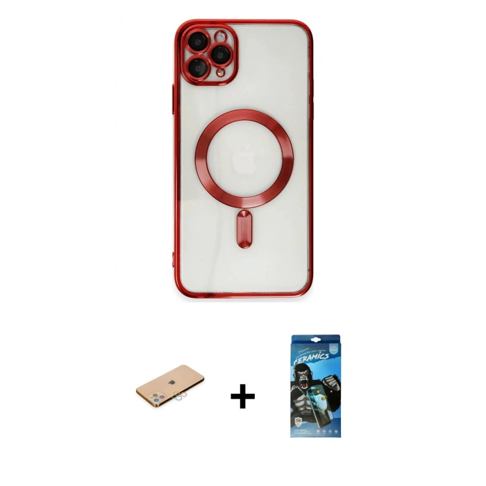 MARSİLYAN™- iPhone 11 Pro Max Kılıf Nova Işık Özel Seri - Siyah 34D Izgaralı Cam + Renkli Kamera Lens Koruma Cam - PE