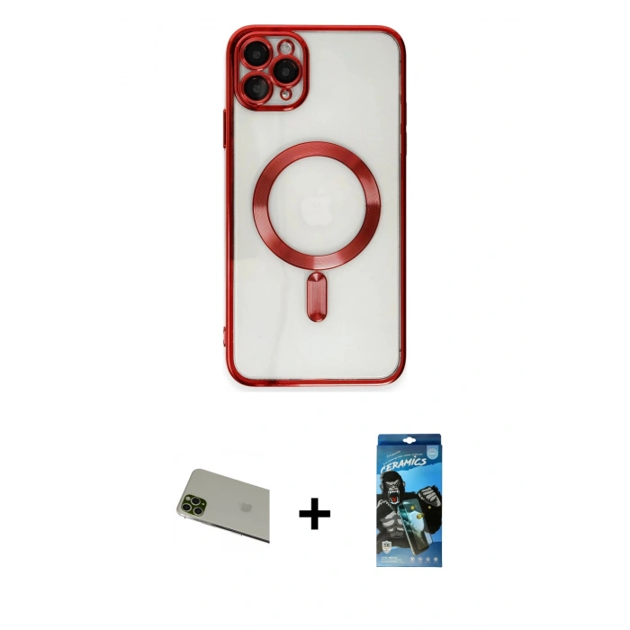 MARSİLYAN™- iPhone 11 Pro Max Kılıf Nova Işık Özel Seri - Siyah 34D Izgaralı Cam + Yeşil Rainbow Kamera Lens Koruma Cam