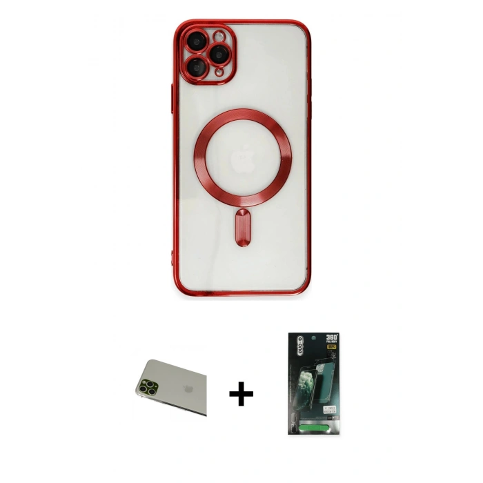 MARSİLYAN™- iPhone 11 Pro Max Kılıf Nova Işık Özel Seri - Siyah 360 Mat Full Body Arka Koruyucu + Rainbow Kamera Lens Koruma Cam - YL
