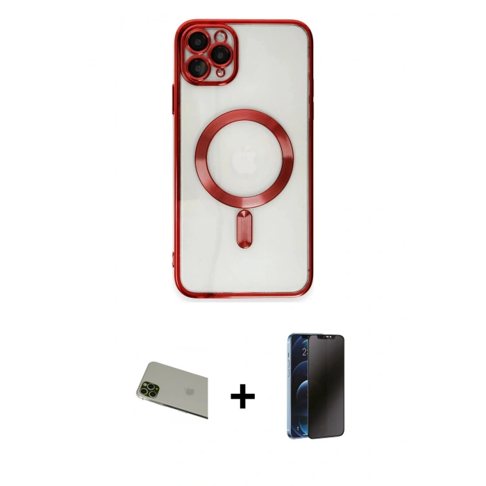MARSİLYAN™- iPhone 11 Pro Max Kılıf Nova Işık Özel Seri - Siyah 3D Antistatik Hayalet Cam Ekran Koruyucu + Yeşil Rainbow Kamera Lens Koruma Cam