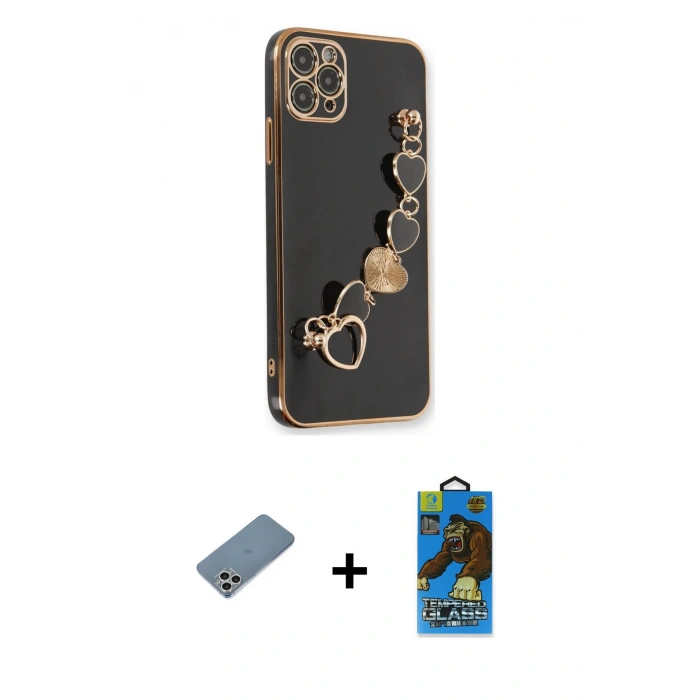 MARSİLYAN™- iPhone 11 Pro Max Kılıf Nova Işık Prime - Siyah 18D Cam Ekran Koruyucu + Shine Kamera Lens Koruma Cam - GS