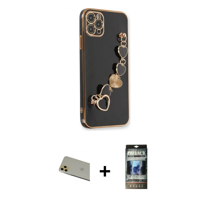 MARSİLYAN™- iPhone 11 Pro Max Kılıf Nova Işık Prime - Siyah 34D Hayalet Izgaralı Cam + Rainbow Kamera Lens Koruma Cam - GD
