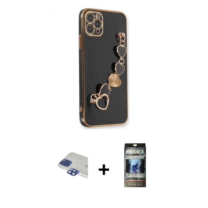 MARSİLYAN™- iPhone 11 Pro Max Kılıf Nova Işık Prime - Siyah 34D Hayalet Izgaralı Cam + Lacivert Pers Alüminyum Kamera Lens