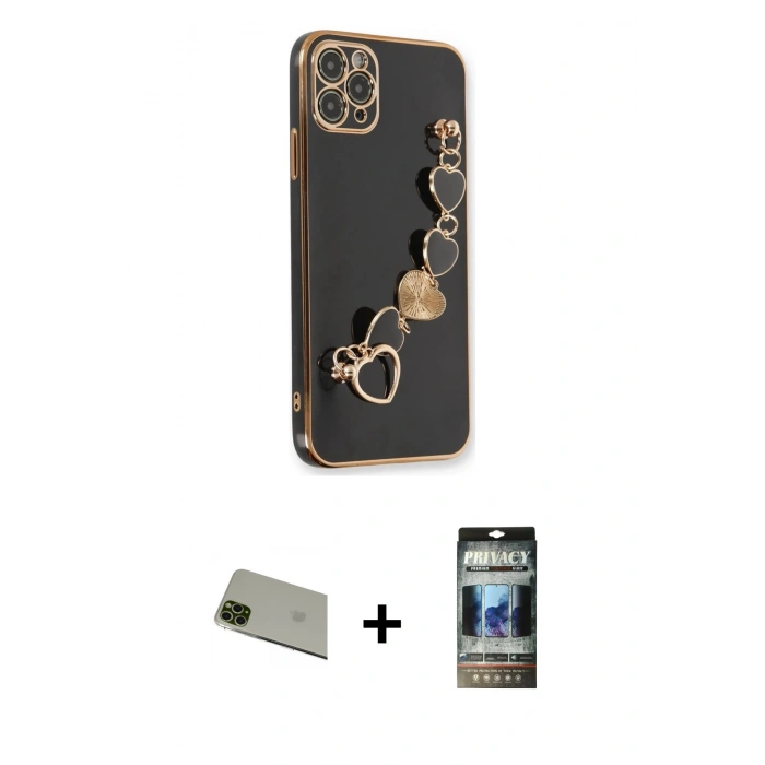 MARSİLYAN™- iPhone 11 Pro Max Kılıf Nova Işık Prime - Siyah 34D Hayalet Izgaralı Cam + Rainbow Kamera Lens Koruma Cam - YL