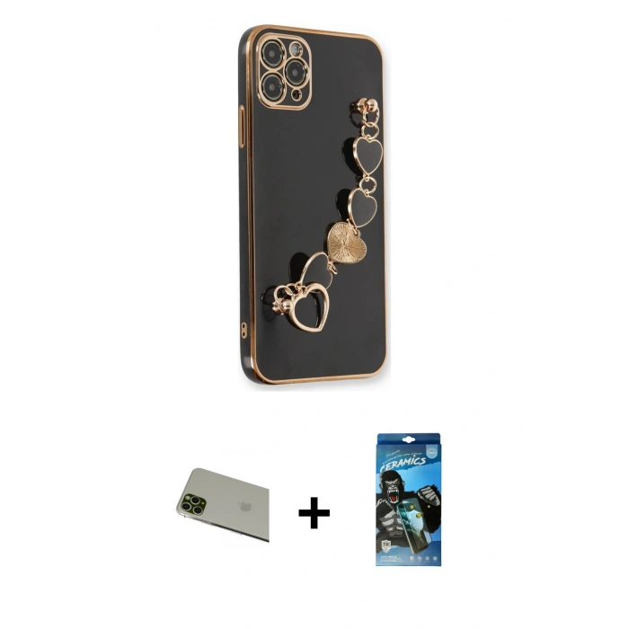 MARSİLYAN™- iPhone 11 Pro Max Kılıf Nova Işık Prime - Siyah 34D Izgaralı Cam + Rainbow Kamera Lens Koruma Cam - YL