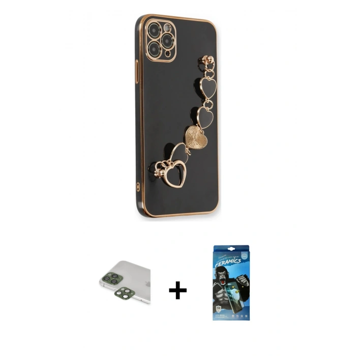MARSİLYAN™- iPhone 11 Pro Max Kılıf Nova Işık Prime - Siyah 34D Izgaralı Cam + Yeşil Pers Alüminyum Kamera Lens