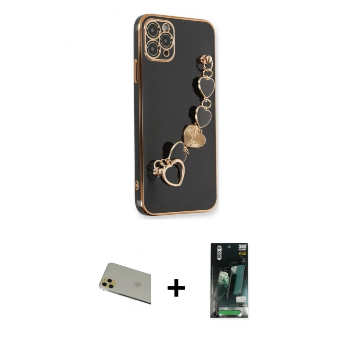 MARSİLYAN™- iPhone 11 Pro Max Kılıf Nova Işık Prime - Siyah 360 Mat Full Body Arka Koruyucu + Rainbow Kamera Lens Koruma Cam - GD