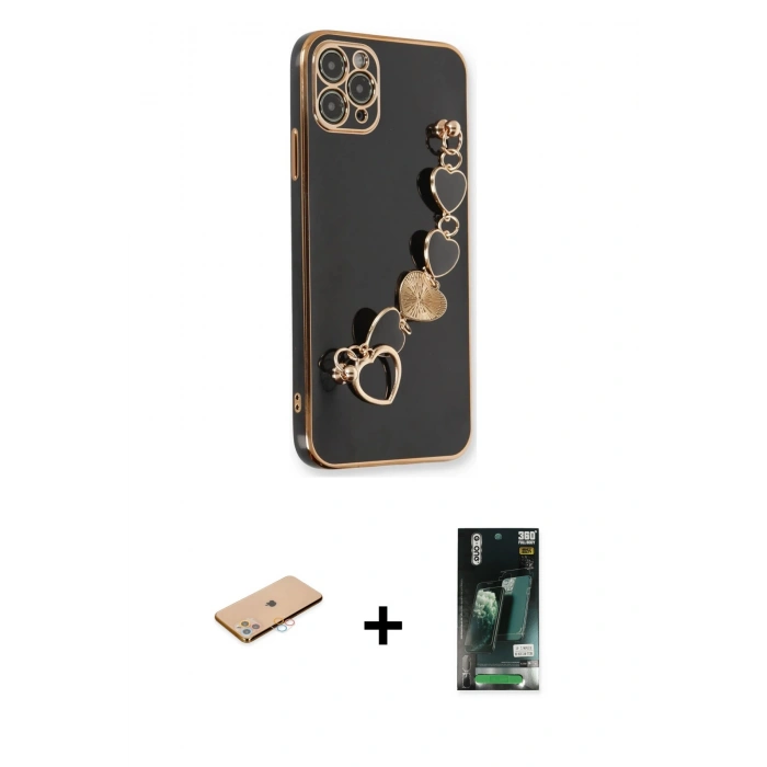 MARSİLYAN™- iPhone 11 Pro Max Kılıf Nova Işık Prime - Siyah 360 Mat Full Body Arka Koruyucu + Renkli Kamera Lens Koruma Cam - PE