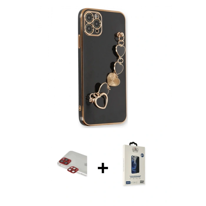 MARSİLYAN™- iPhone 11 Pro Max Kılıf Nova Işık Prime - Siyah Bilvis Hayalet Cam Ekran Koruyucu + Kırmızı Pers Alüminyum Kamera Lens