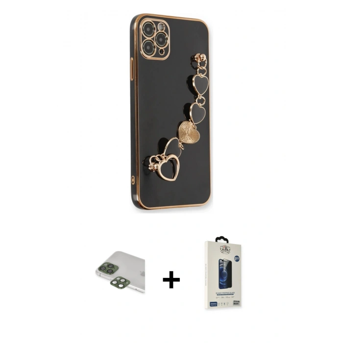 MARSİLYAN™- iPhone 11 Pro Max Kılıf Nova Işık Prime - Siyah Bilvis Hayalet Cam Ekran Koruyucu + Yeşil Pers Alüminyum Kamera Lens