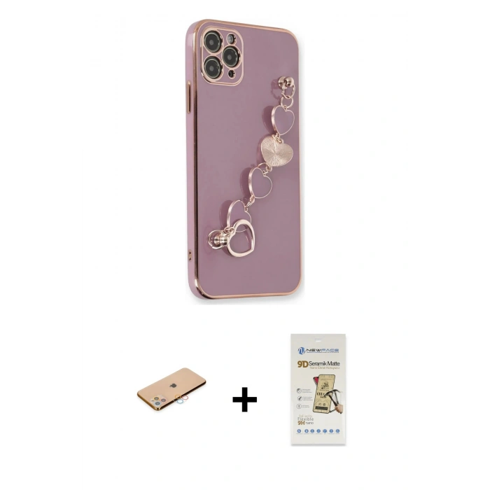 MARSİLYAN™- iPhone 11 Pro Max Kılıf Nova Işık Prime - Siyah Mat Seramik Nano Ekran Koruyucu + Pembe Renkli Kamera Lens Koruma Cam