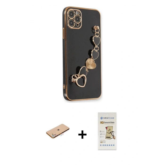 MARSİLYAN™- iPhone 11 Pro Max Kılıf Nova Işık Prime - Siyah Mat Seramik Nano Ekran Koruyucu + Pembe Renkli Kamera Lens Koruma Cam