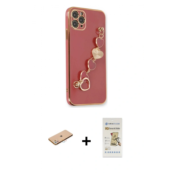MARSİLYAN™- iPhone 11 Pro Max Kılıf Nova Işık Prime - Siyah Mat Seramik Nano Ekran Koruyucu + Pembe Renkli Kamera Lens Koruma Cam