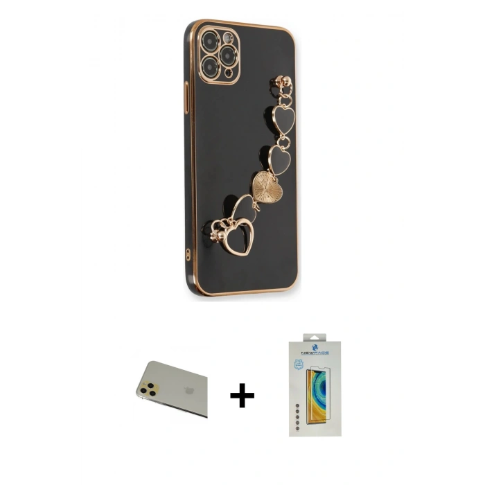 MARSİLYAN™- iPhone 11 Pro Max Kılıf Nova Işık Prime - Siyah Polymer Nano Ekran Koruyucu + Rainbow Kamera Lens Koruma Cam - GD