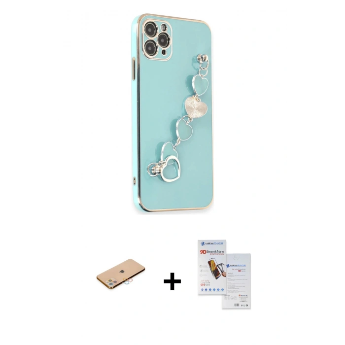 MARSİLYAN™- iPhone 11 Pro Max Kılıf Nova Işık Prime - Siyah Seramik Nano Ekran Koruyucu + Pembe Renkli Kamera Lens Koruma Cam