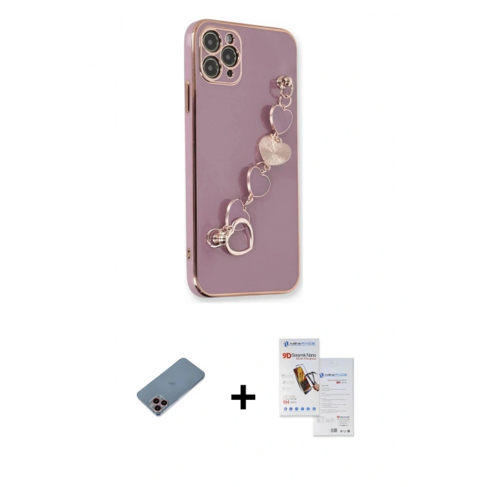 MARSİLYAN™- iPhone 11 Pro Max Kılıf Nova Işık Prime - Siyah Seramik Nano Ekran Koruyucu + Pembe Shine Kamera Lens Koruma Cam