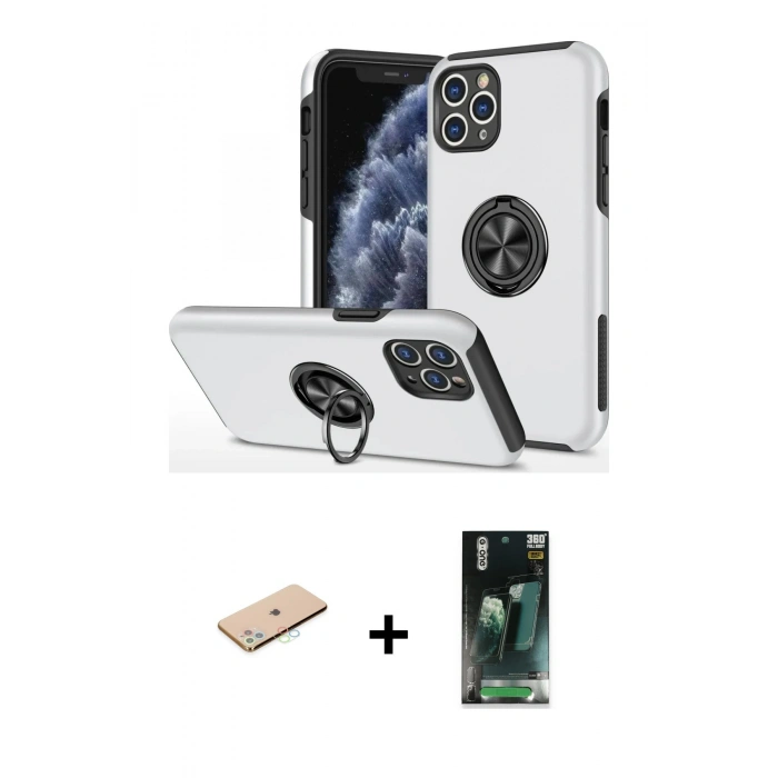 MARSİLYAN™- iPhone 11 Pro Max Kılıf Odak Form Prime - Şeffaf 360 Full Body Arka Koruyucu + Renkli Kamera Lens Koruma Cam - MI