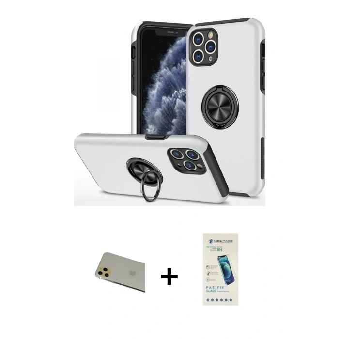 MARSİLYAN™- iPhone 11 Pro Max Kılıf Odak Form Prime - Şeffaf Pasifik Cam Ekran Koruyucu + Rainbow Kamera Lens Koruma Cam - GD