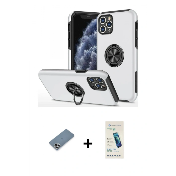 MARSİLYAN™- iPhone 11 Pro Max Kılıf Odak Form Prime - Şeffaf Pasifik Cam Ekran Koruyucu + Metal Kamera Lens Koruma Cam - GS
