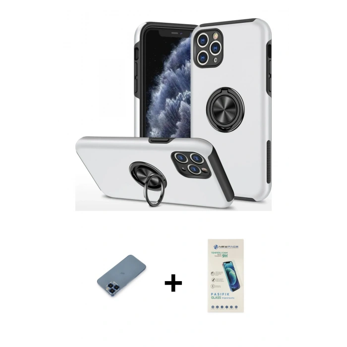 MARSİLYAN™- iPhone 11 Pro Max Kılıf Odak Form Prime - Şeffaf Pasifik Cam Ekran Koruyucu + Metal Kamera Lens Koruma Cam - MI