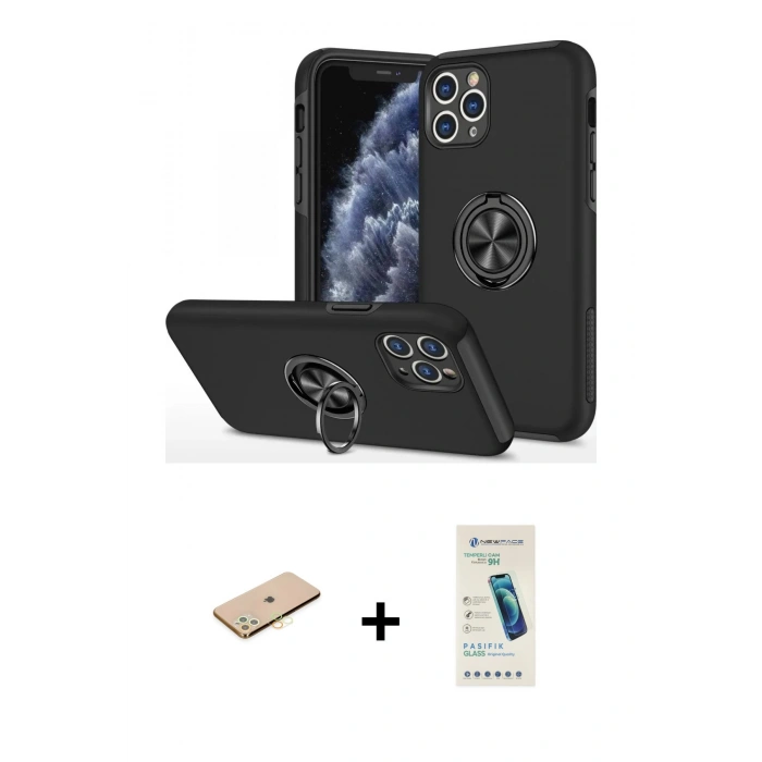 MARSİLYAN™- iPhone 11 Pro Max Kılıf Odak Form Prime - Şeffaf Pasifik Cam Ekran Koruyucu + Renkli Kamera Lens Koruma Cam - SI