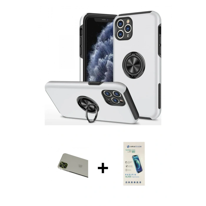 MARSİLYAN™- iPhone 11 Pro Max Kılıf Odak Form Prime - Şeffaf Pasifik Cam Ekran Koruyucu + Yeşil Rainbow Kamera Lens Koruma Cam