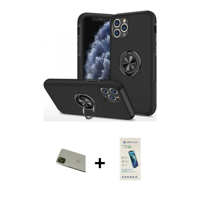 MARSİLYAN™- iPhone 11 Pro Max Kılıf Odak Form Prime - Şeffaf Pasifik Cam Ekran Koruyucu + Yeşil Rainbow Kamera Lens Koruma Cam