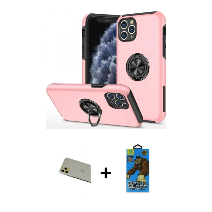 MARSİLYAN™- iPhone 11 Pro Max Kılıf Odak Form Prime - Siyah 18D Cam Ekran Koruyucu + Gold Rainbow Kamera Lens Koruma Cam