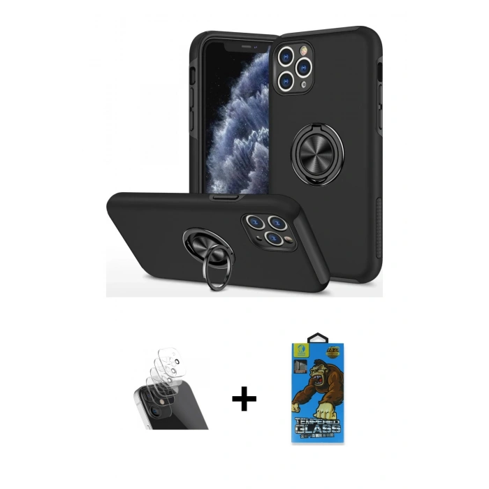 MARSİLYAN™- iPhone 11 Pro Max Kılıf Odak Form Prime - Siyah 18D Cam Ekran Koruyucu + Kamera Lens Koruma Cam - SF