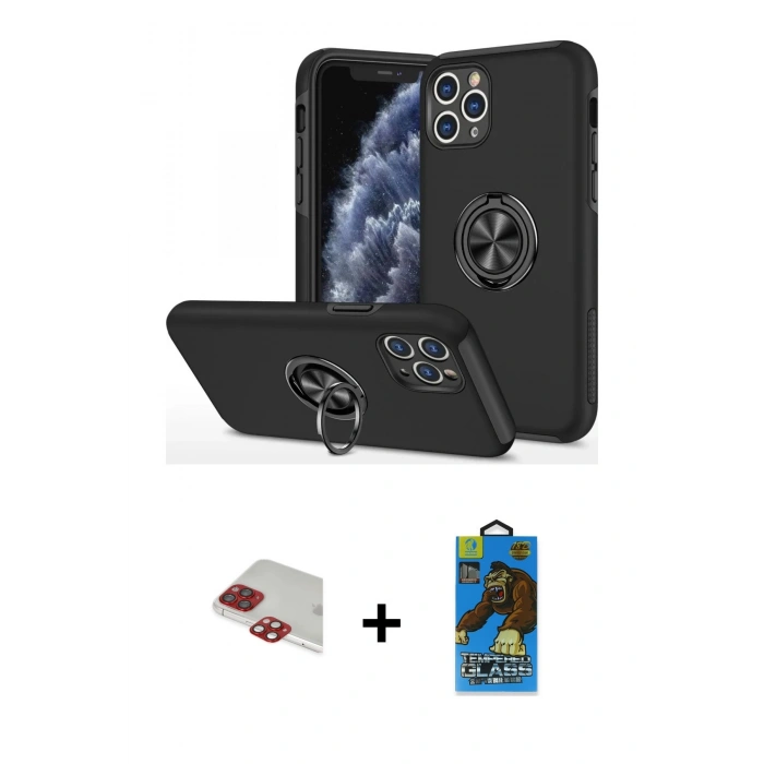 MARSİLYAN™- iPhone 11 Pro Max Kılıf Odak Form Prime - Siyah 18D Cam Ekran Koruyucu + Kırmızı Pers Alüminyum Kamera Lens