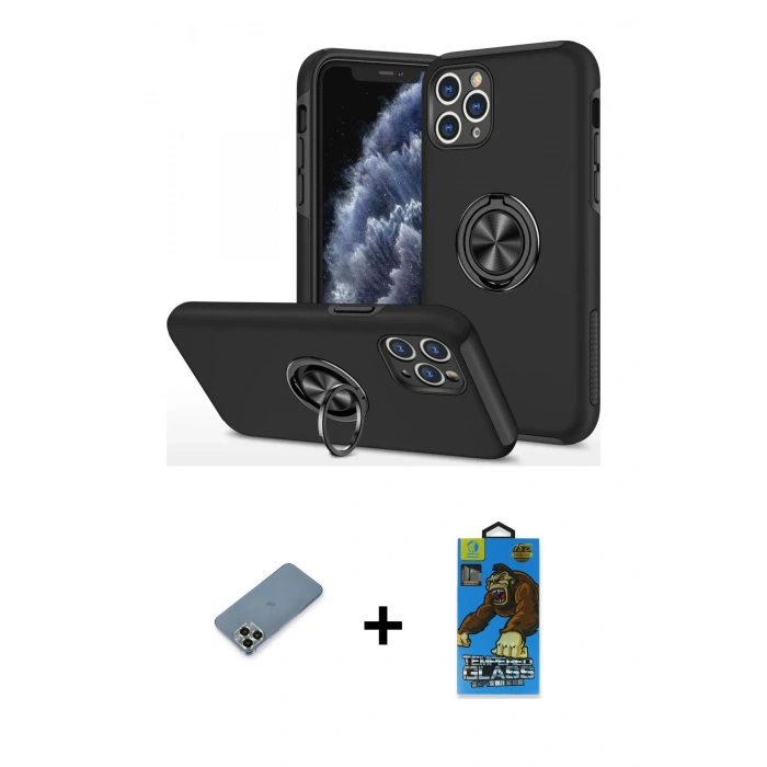 MARSİLYAN™- iPhone 11 Pro Max Kılıf Odak Form Prime - Siyah 18D Cam Ekran Koruyucu + Metal Kamera Lens Koruma Cam - AKYL