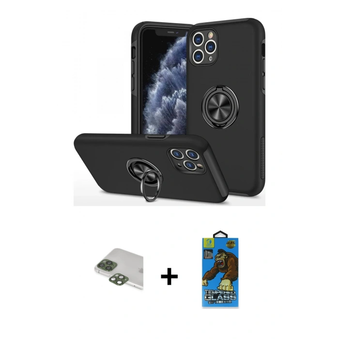 MARSİLYAN™- iPhone 11 Pro Max Kılıf Odak Form Prime - Siyah 18D Cam Ekran Koruyucu + Pers Alüminyum Kamera Lens - YL