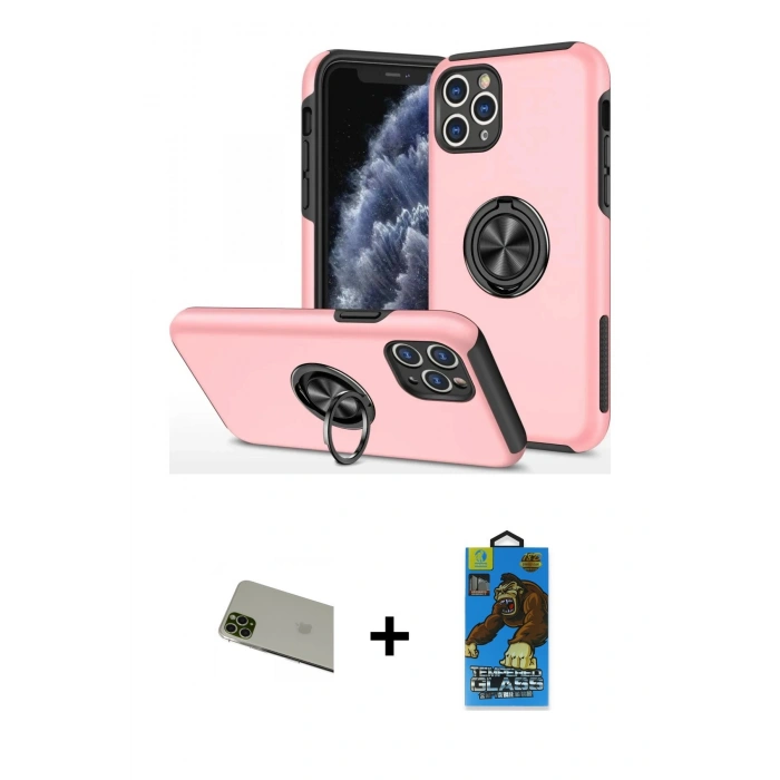 MARSİLYAN™- iPhone 11 Pro Max Kılıf Odak Form Prime - Siyah 18D Cam Ekran Koruyucu + Rainbow Kamera Lens Koruma Cam - YL