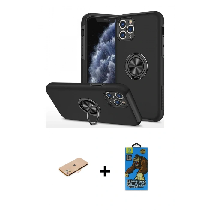 MARSİLYAN™- iPhone 11 Pro Max Kılıf Odak Form Prime - Siyah 18D Cam Ekran Koruyucu + Renkli Kamera Lens Koruma Cam - TU