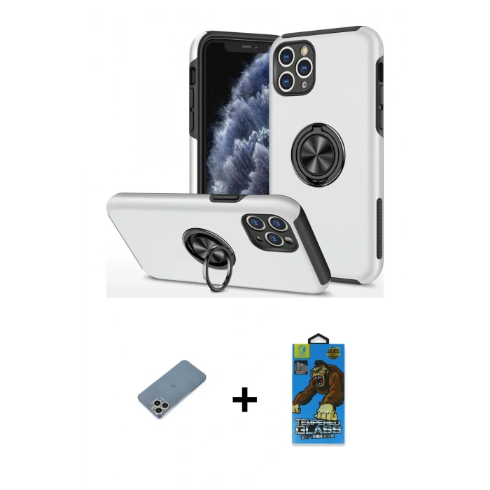 MARSİLYAN™- iPhone 11 Pro Max Kılıf Odak Form Prime - Siyah 18D Cam Ekran Koruyucu + Shine Kamera Lens Koruma Cam - GS