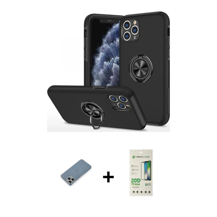 MARSİLYAN™- iPhone 11 Pro Max Kılıf Odak Form Prime - Siyah 20D Premium Cam Ekran Koruyucu + Gümüş Metal Kamera Lens Koruma Cam