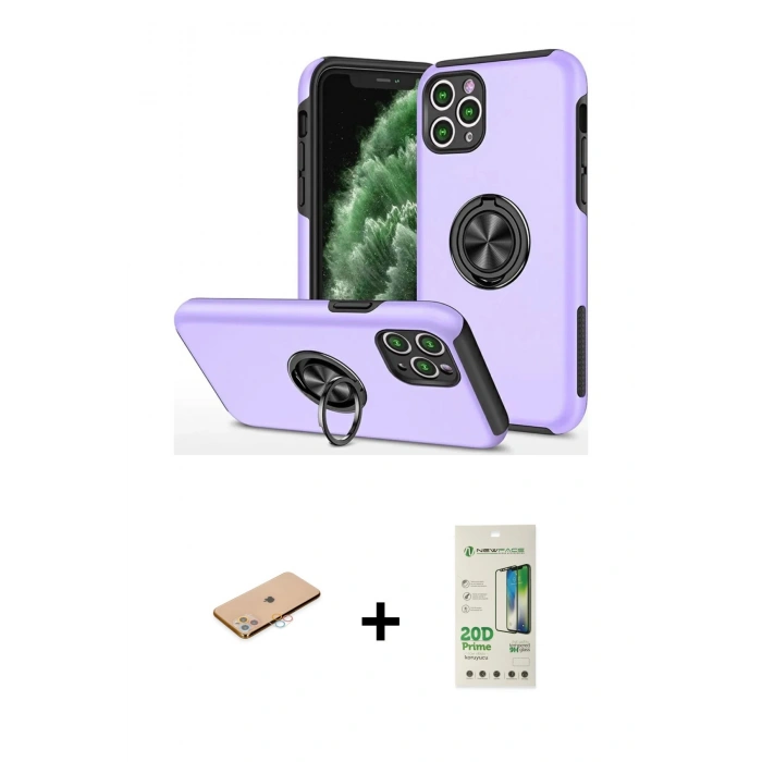 MARSİLYAN™- iPhone 11 Pro Max Kılıf Odak Form Prime - Siyah 20D Premium Cam Ekran Koruyucu + Pembe Renkli Kamera Lens Koruma Cam