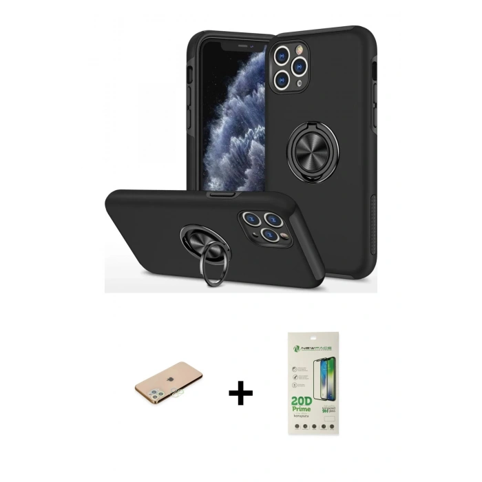 MARSİLYAN™- iPhone 11 Pro Max Kılıf Odak Form Prime - Siyah 20D Premium Cam Ekran Koruyucu + Renkli Kamera Lens Koruma Cam - YL