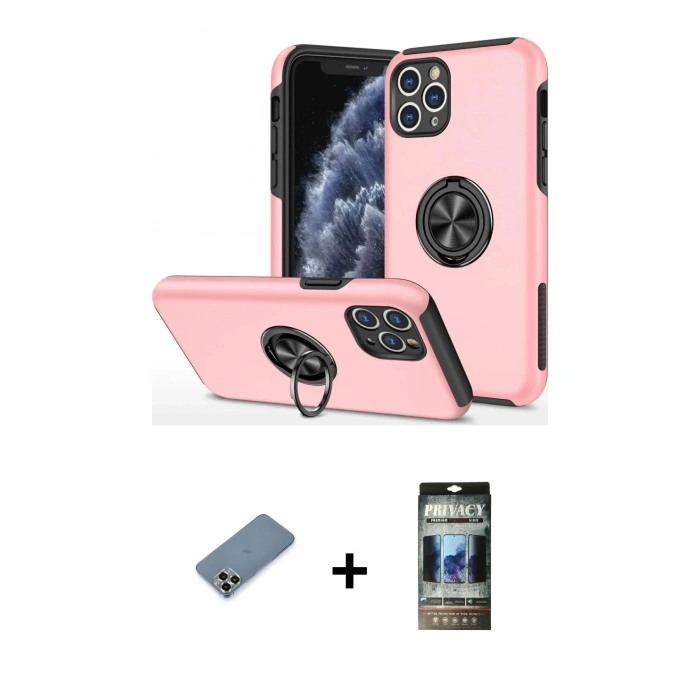 MARSİLYAN™- iPhone 11 Pro Max Kılıf Odak Form Prime - Siyah 34D Hayalet Izgaralı Cam + Metal Kamera Lens Koruma Cam - AKYL