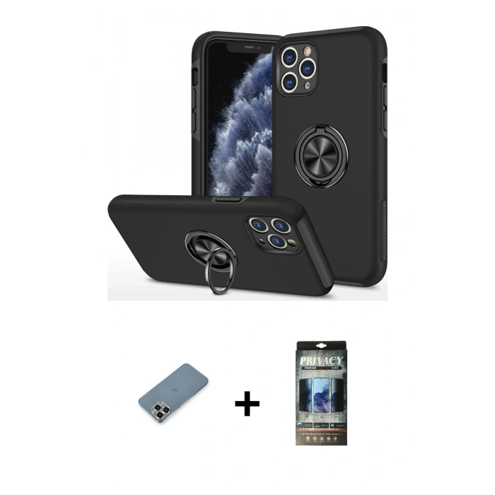 MARSİLYAN™- iPhone 11 Pro Max Kılıf Odak Form Prime - Siyah 34D Hayalet Izgaralı Cam + Metal Kamera Lens Koruma Cam - AKYL