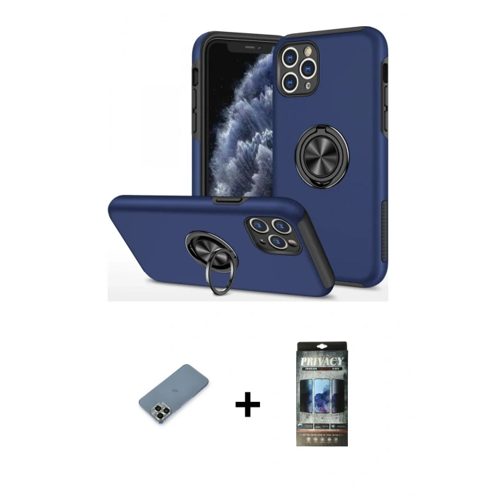 MARSİLYAN™- iPhone 11 Pro Max Kılıf Odak Form Prime - Siyah 34D Hayalet Izgaralı Cam + Metal Kamera Lens Koruma Cam - AKYL