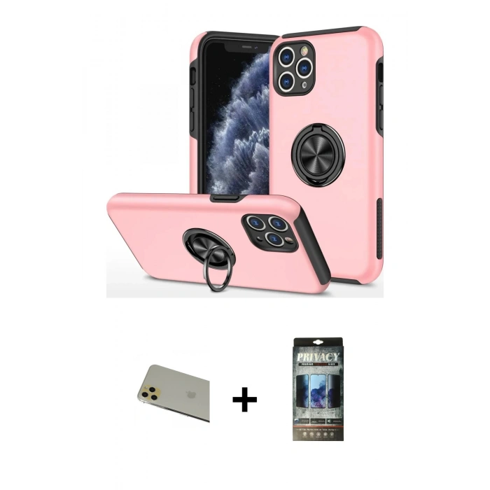 MARSİLYAN™- iPhone 11 Pro Max Kılıf Odak Form Prime - Siyah 34D Hayalet Izgaralı Cam + Rainbow Kamera Lens Koruma Cam - GD